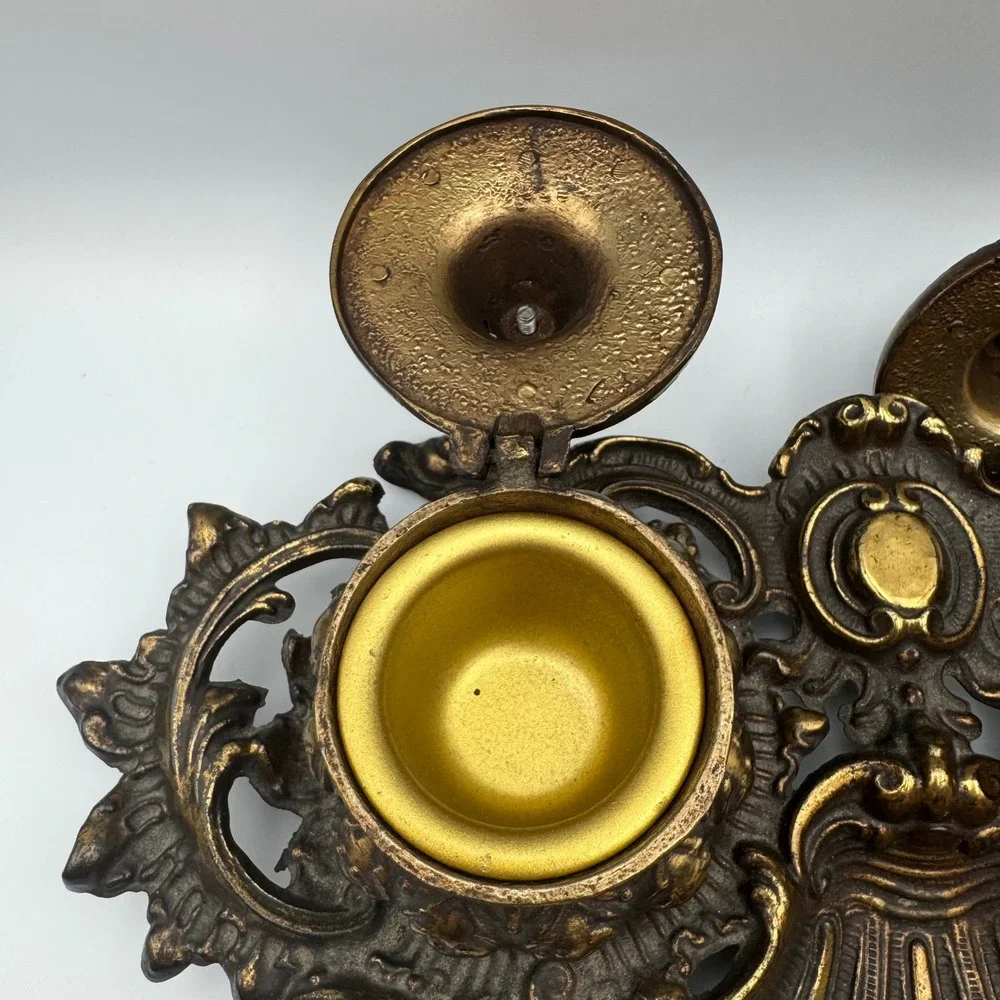 Antique Ornate Victorian Brass Double Inkwell Desk Set BW 125 1930s Broken Hinge